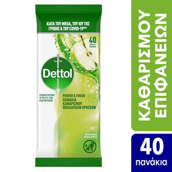 Dettol Απολυμαντικά Πανάκια Καθαρισμού Επιφανειών με Άρωμα Πράσινο Μήλο 40τεμάχια