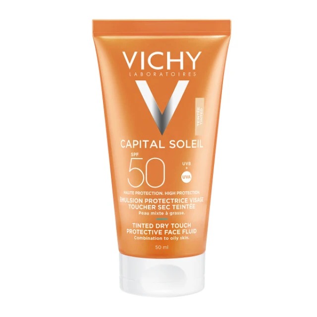 Vichy Capital Soleil Dry Touch Protective Face Fluid SPF50+ Λεπτόρρευστη Αντηλιακή Προστασία Προσώπου με Χρώμα για Ματ Αποτέλεσμα, 50ml